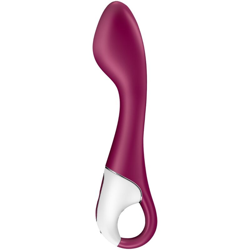 Bordeauxfarbener Vibrator mit weißem Griff. Geschwungene Form. Ringförmige Öffnung.