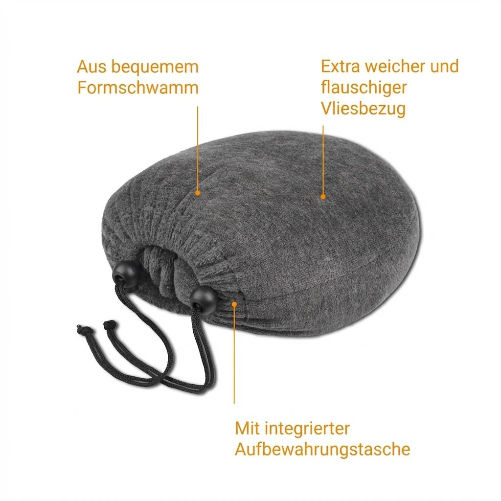Graues Nackenhörnchen aus Formschwammmaterial mit Vliesbezug und integrierter Aufbewahrungstasche.