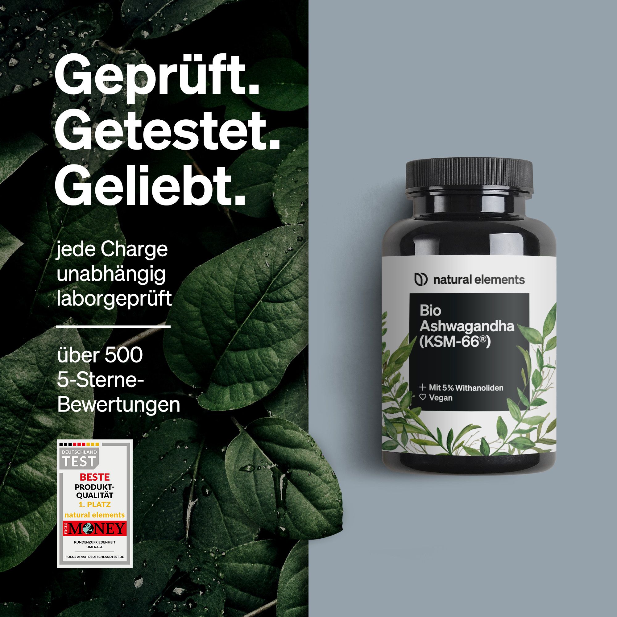 Schwarze Flasche mit weißem Etikett. Text: Bio Ashwagandha (KSM-66®), + 5% Withanolid, Vegan. Zertifizierung.