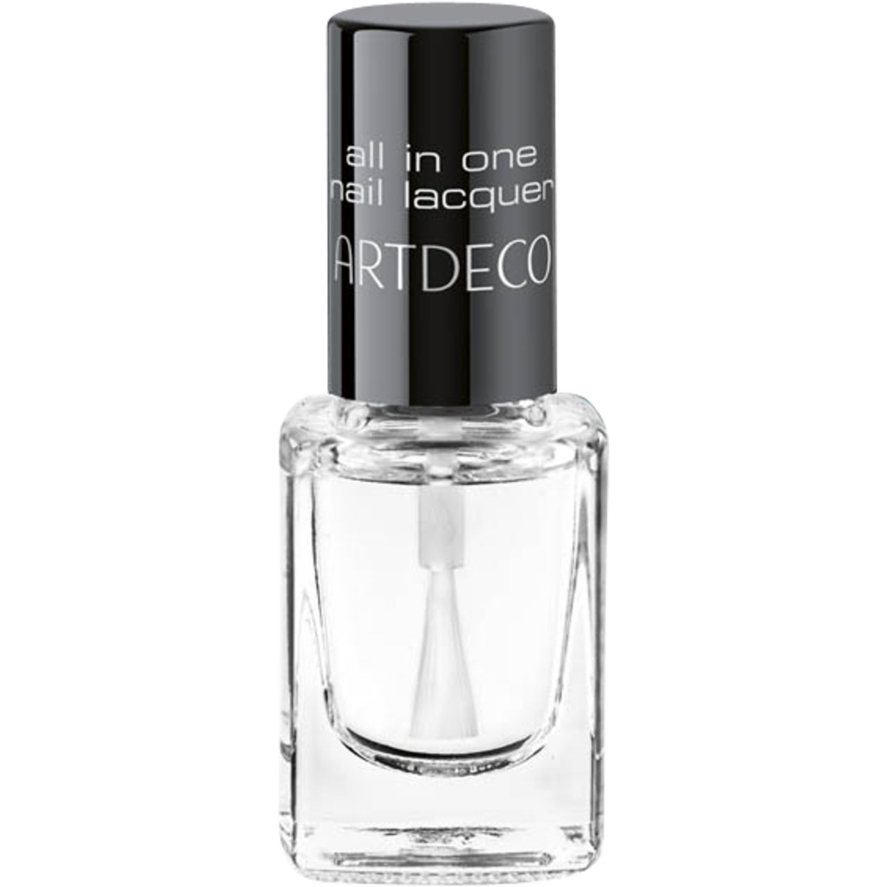 Klare Nagellackflasche mit schwarzem Deckel. Pinsel sichtbar. Produktname auf dem Flaschenhals.