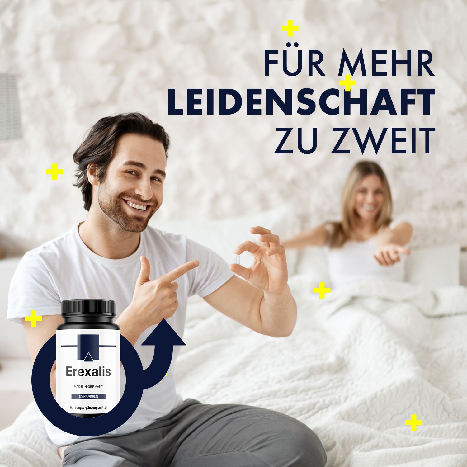 Mann und Frau im Bett. Mann zeigt auf Kapsel. Text: Für mehr Leidenschaft zu zweit. Flasche Erexalis.