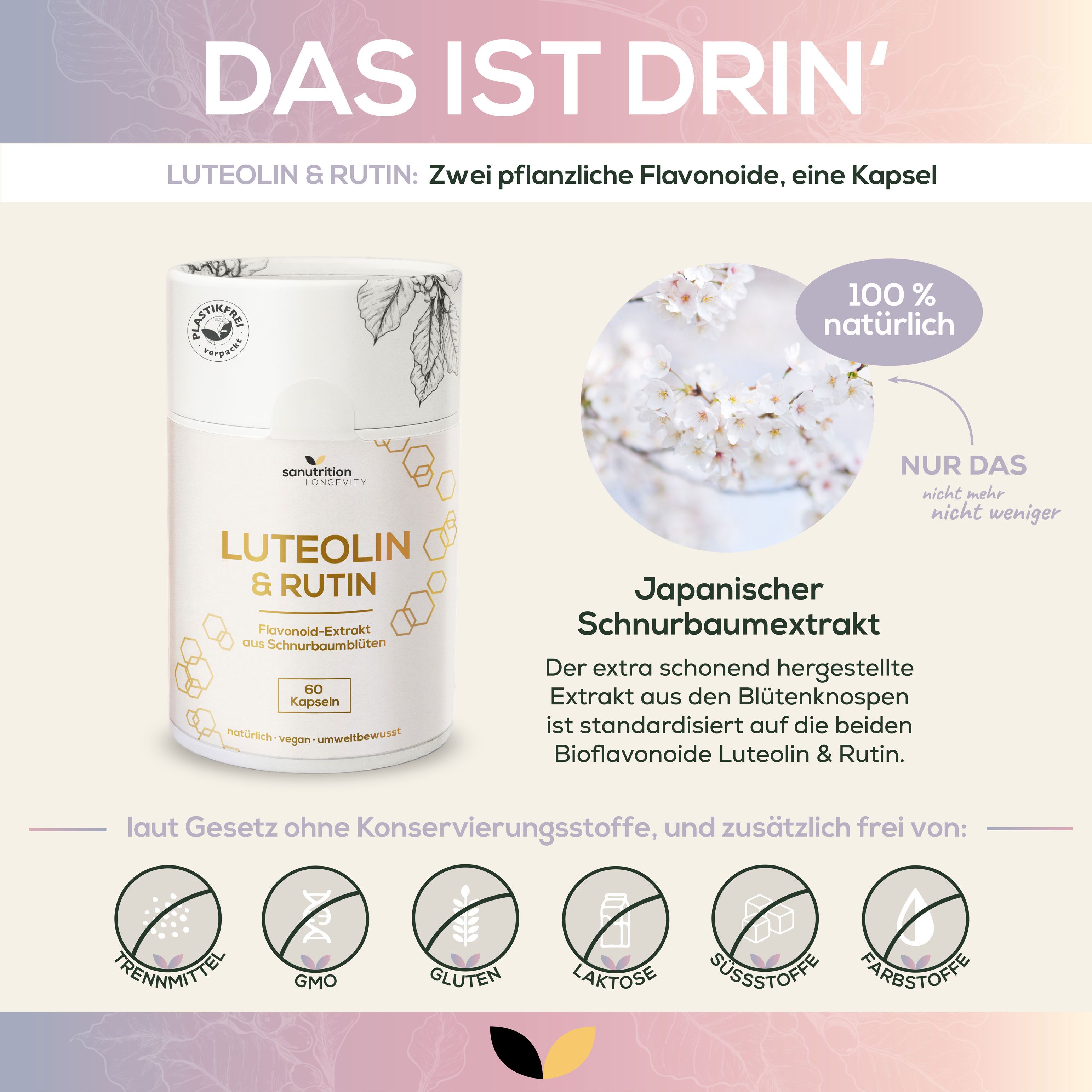 Sanutrition Luteolin & Rutin Dose mit Informationen zu Inhaltsstoffen und 100% natürlichem Extrakt.
