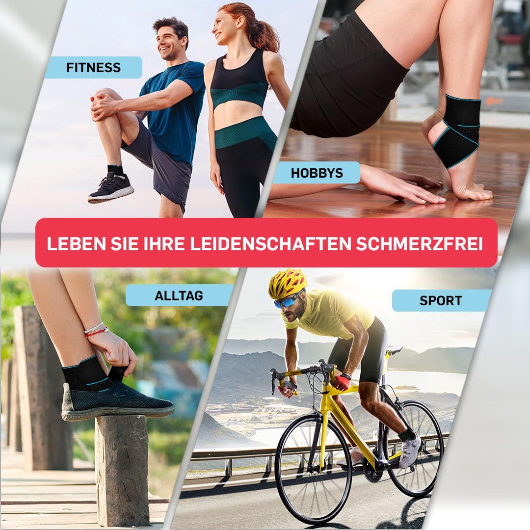 Collage zeigt Menschen bei Fitness, Hobbys, Arbeit und Sport mit Knöchelbandage.