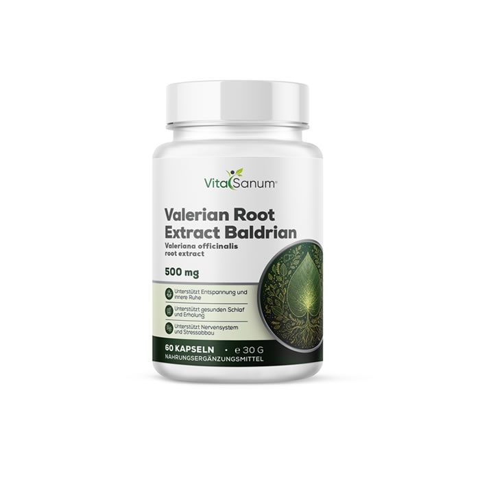 Weiße Flasche mit Kapseln. Aufschrift: VitaSanum, Valerian Root Extract Baldrian, 500 mg, 60 Kapseln.