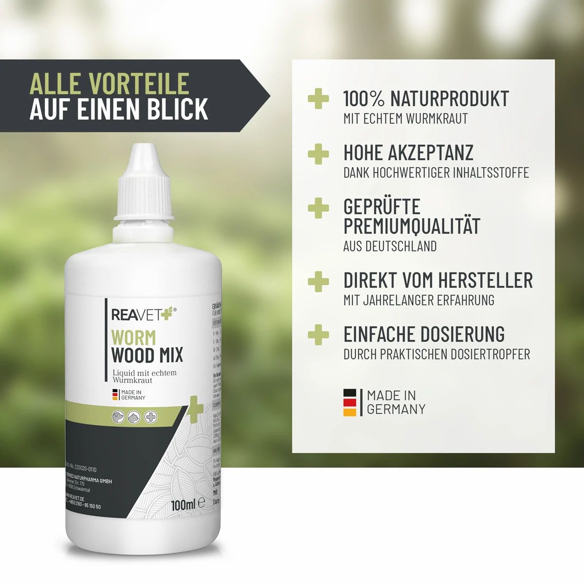 Weiße Flasche mit Dosiertropfer. Aufschrift: ReaVET Wormwood Mix Liquid. Mit deutschem Herstellungslogo. 100ml.