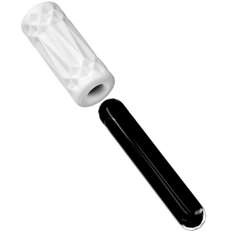 Zylindrisches Produkt mit geometrischer Oberfläche und schwarzem, zylindrischem Element.