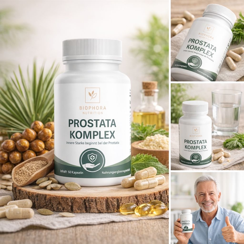 Weiße Flasche mit Kapseln. Aufschrift: Prostata Komplex. Zusätzliche Elemente: Kürbiskerne, Öl, Holzbrett, Blätter.