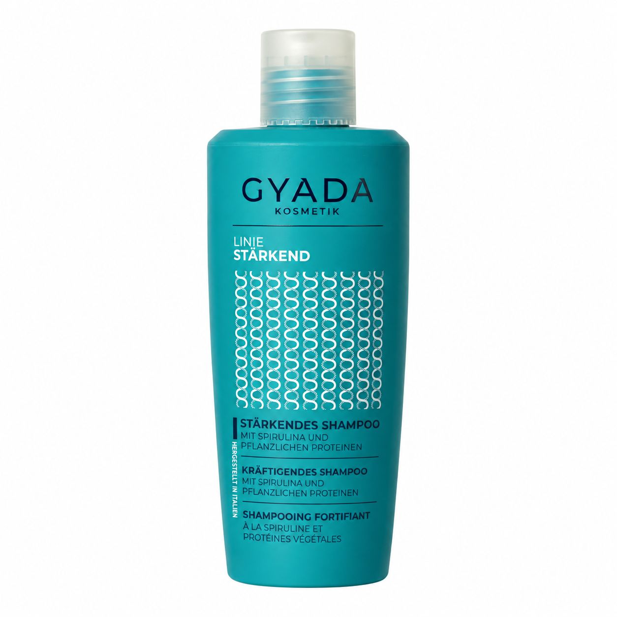 Eine türkise Flasche Gyada Kosmetik Linie Starkend Shampoo steht frontal. Der Flaschenkörper ist mit einem Muster aus stilisierten S-Formen verziert.