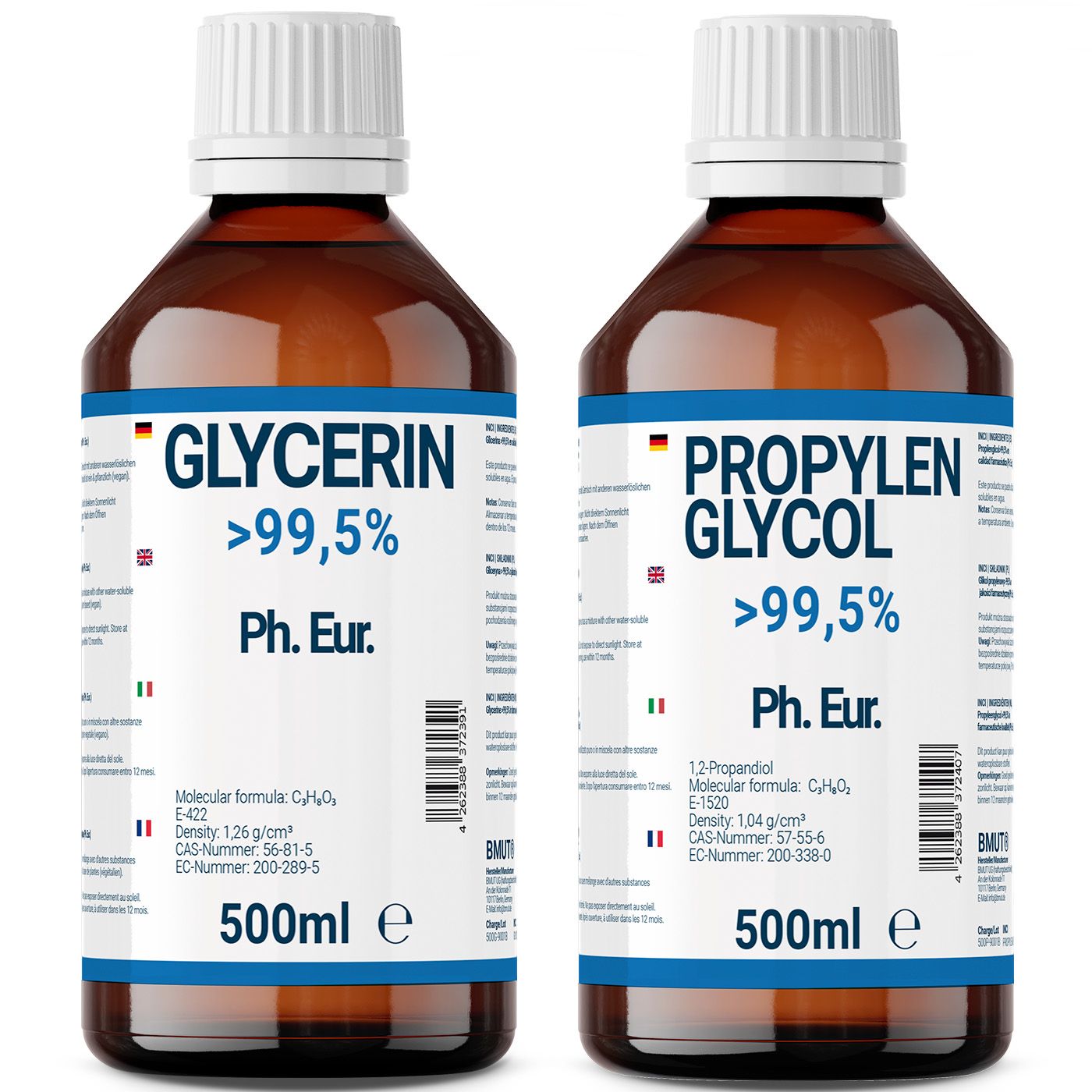 Zwei braune Flaschen mit weißem Deckel. Beschriftung: Glycerin >99,5% Ph. Eur. und Propylenglykol >99,5% Ph. Eur. 500ml.