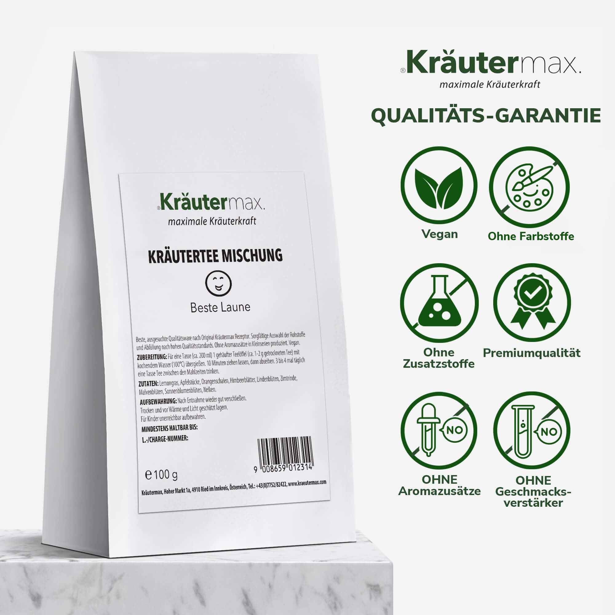 Kräutermax Kräutertee Mischung in weißer Verpackung. Text: Beste Laune. Siegel: Vegan, ohne Farbstoffe, Premiumqualität.