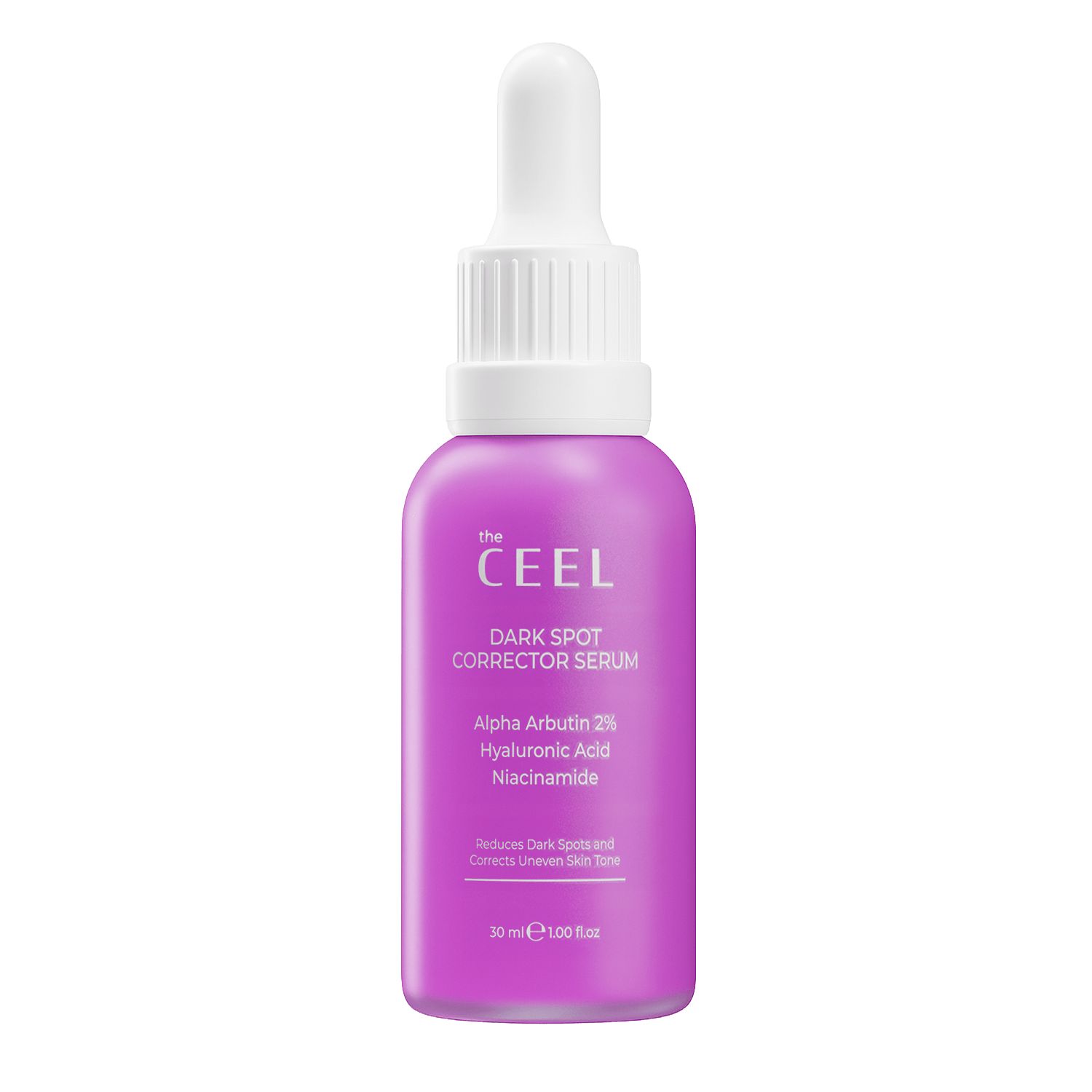 Lila Flasche des THE CEEL Anti Dark Spot Corrector Serums mit Pipettenverschluss. Enthält 30 ml.