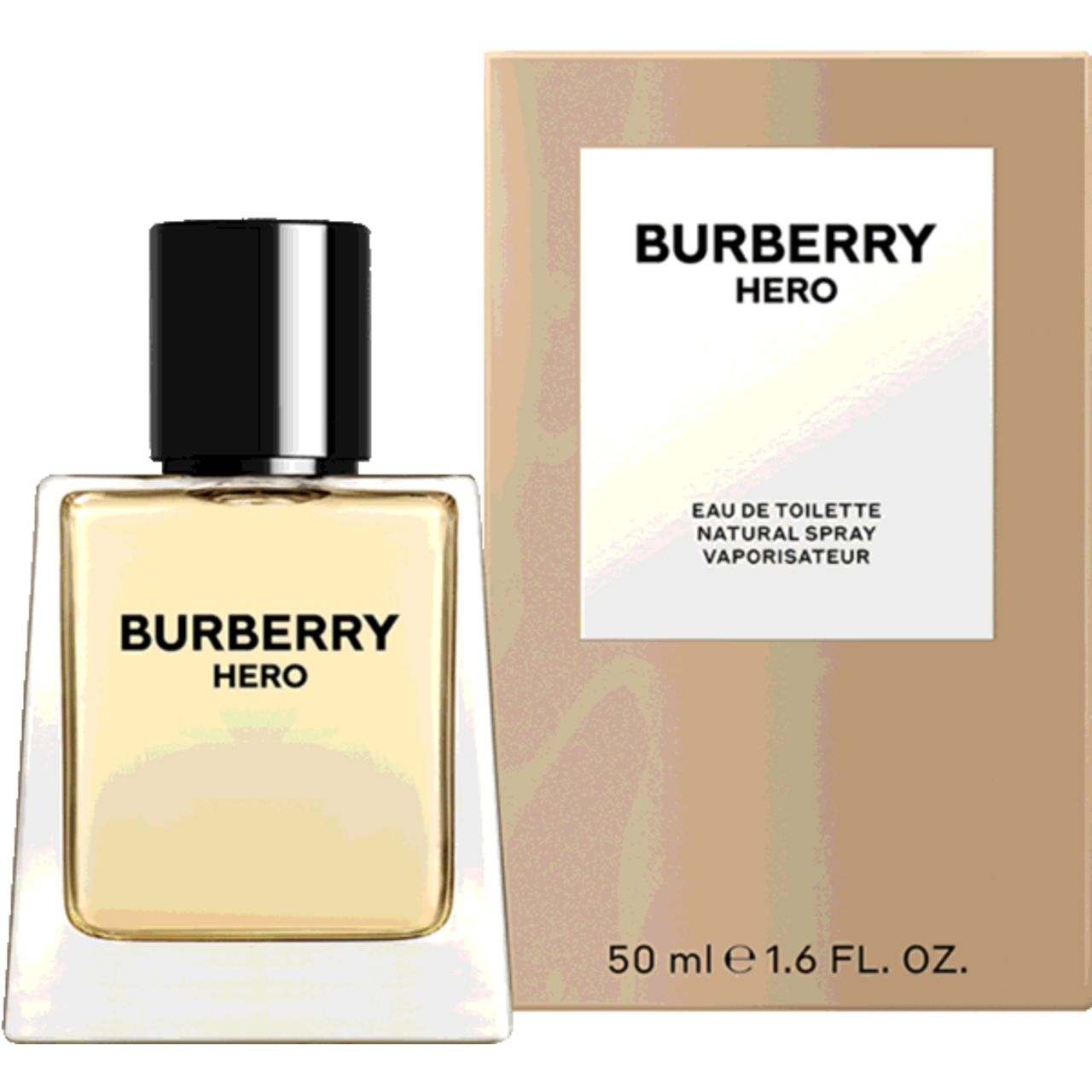 Burberry Hero Eau de Toilette Flakon und Verpackung. Quadratisch, transparent, schwarzer Deckel. Schriftzug Burberry Hero.