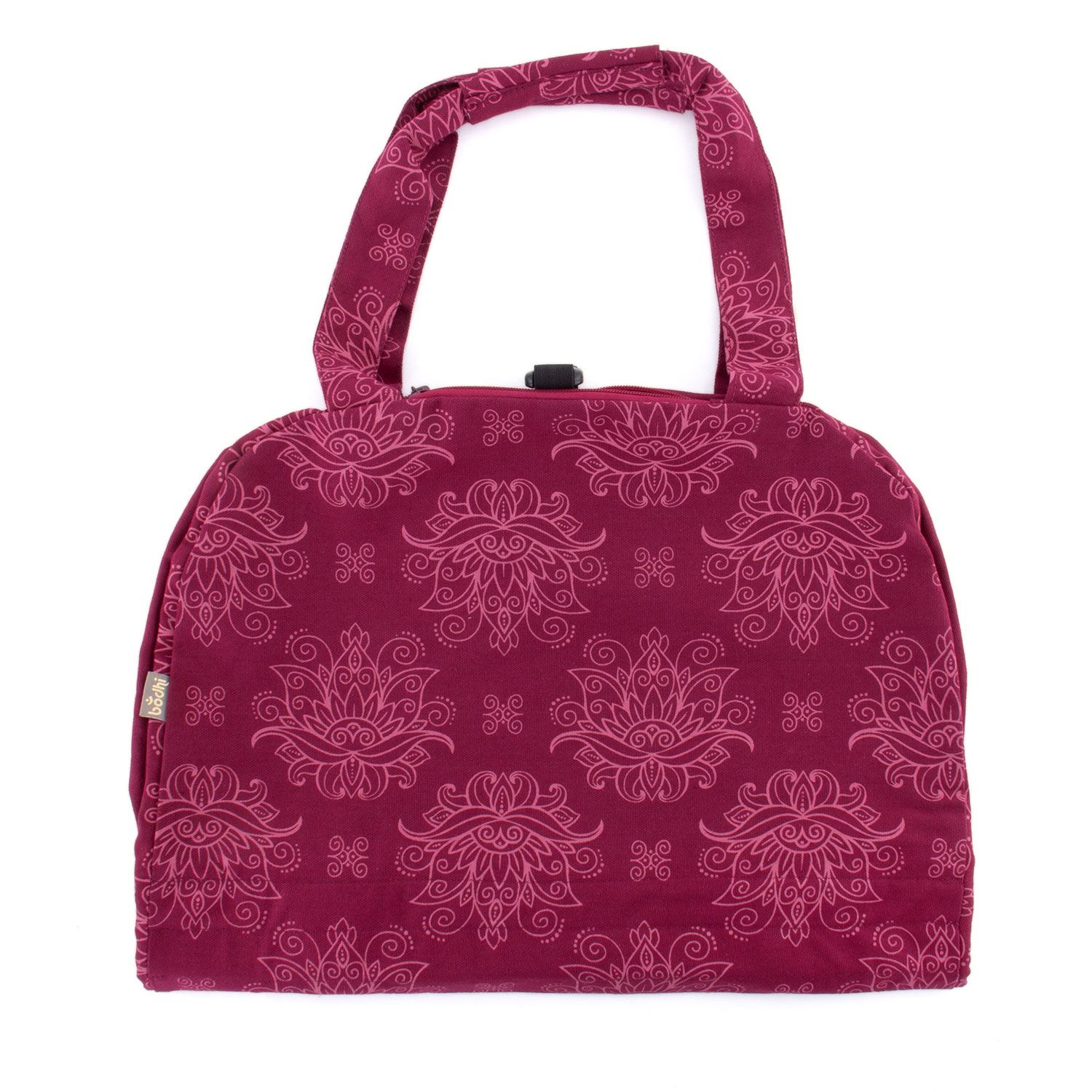 Beerenfarbene Yoga-Tasche mit Lotus-Muster. Mit Tragegriff und Schnalle. Reißverschluss.