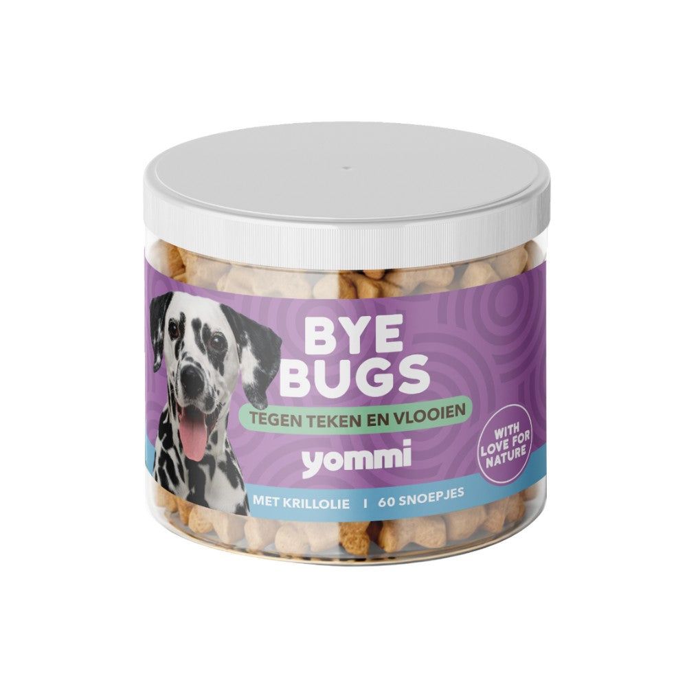 Yommi 'Bye Bugs' Dose mit 60 Leckerlis gegen Zecken und Flöhe für Hunde.