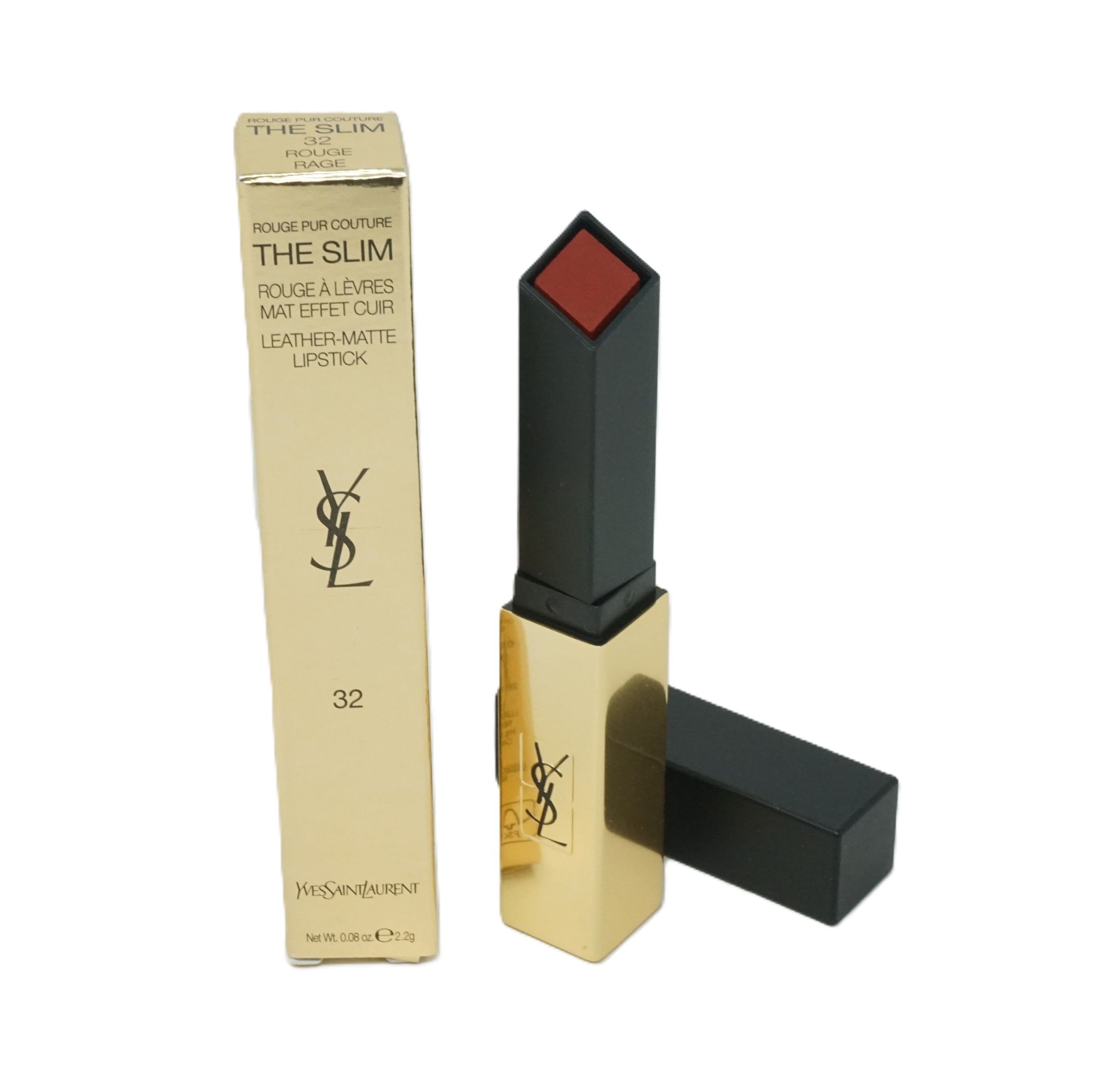Goldfarbener Lippenstift mit schwarzem Deckel und Verpackung. Auf der Verpackung steht "Yves Saint Laurent The Slim".