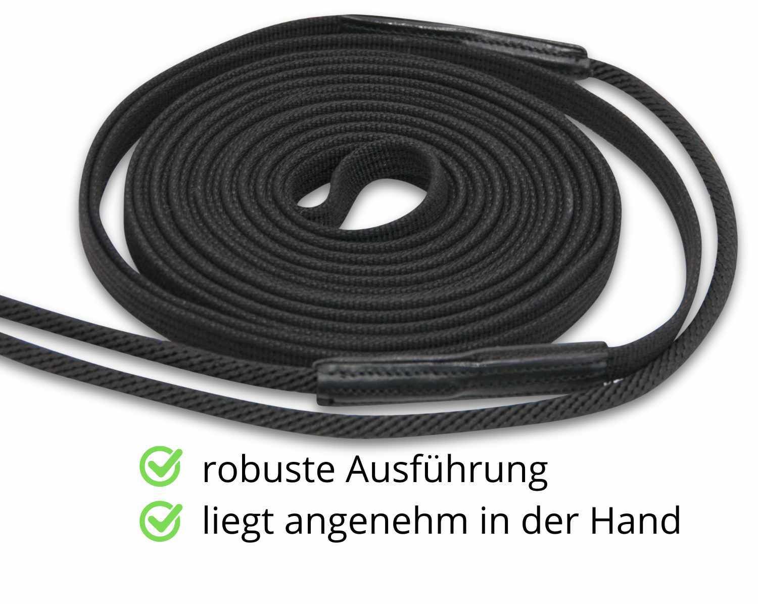 Schwarze Doppellonge, gerollt. Text: robuste Ausführung, liegt angenehm in der Hand.