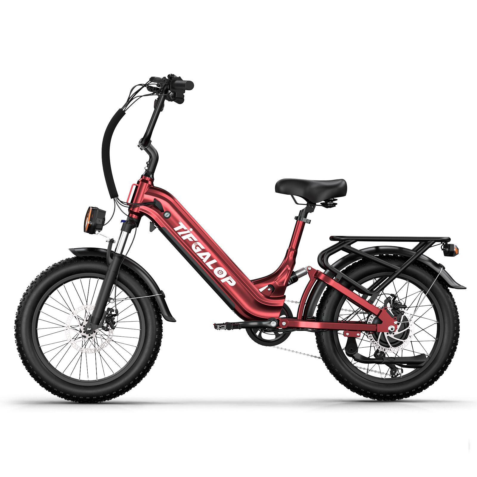 Rotes E-Bike mit schwarzen Elementen. Breitreifen, Gepäckträger, Scheinwerfer und Lenker. Marke TIFGALOP.