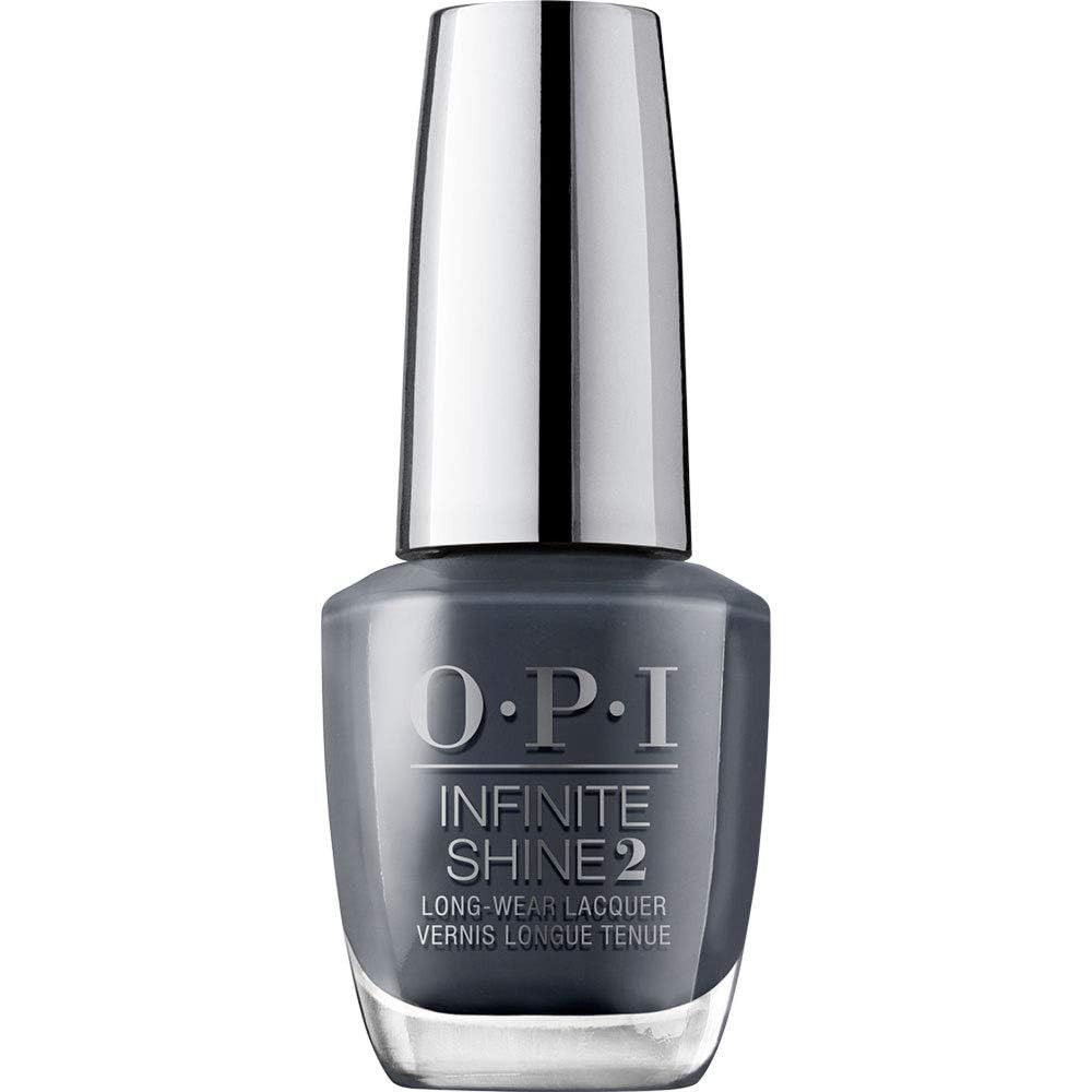 Nagellackflasche mit grauem Lack. Silberner Deckel. OPI Infinite Shine 2.