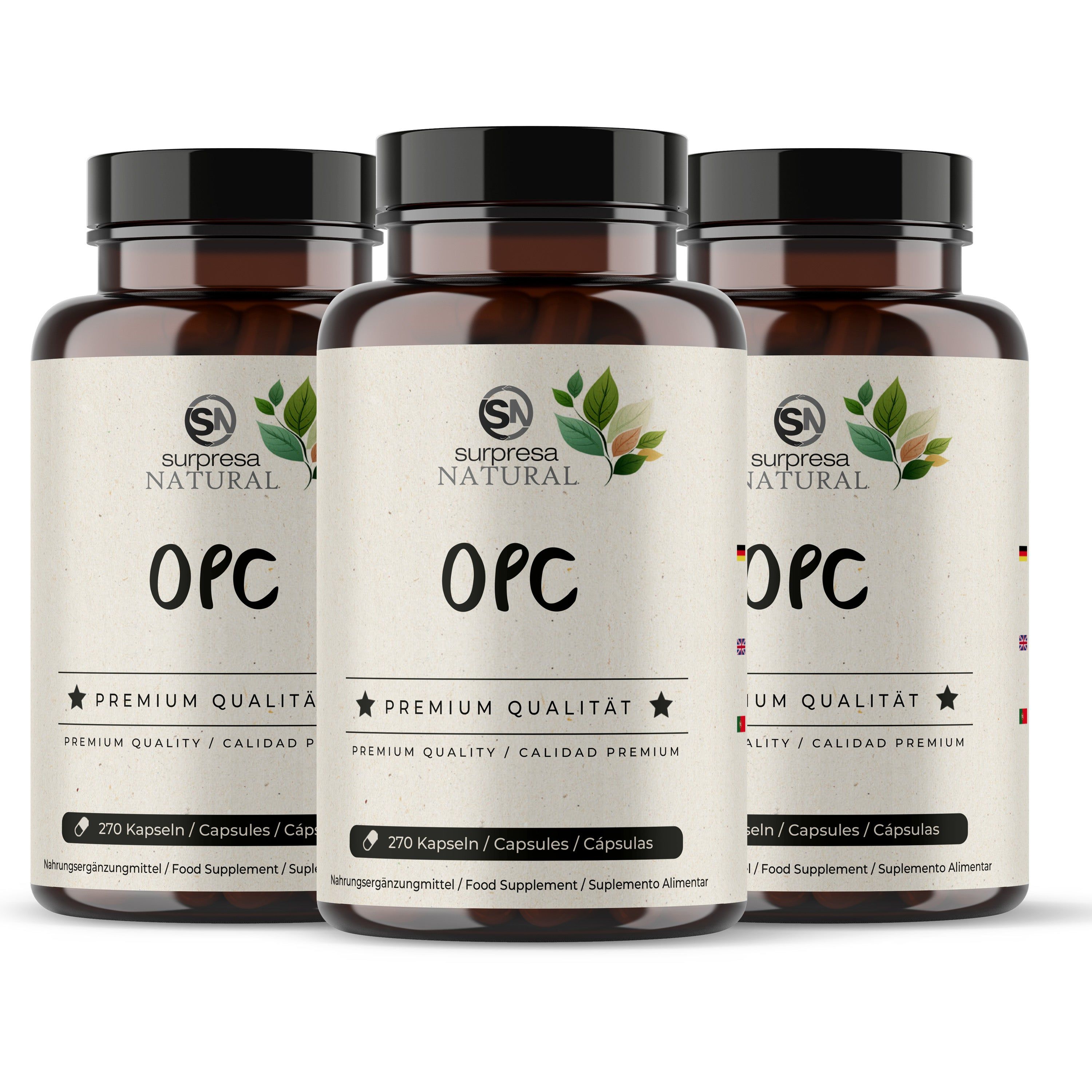 Drei Flaschen mit OPC Kapseln, Etiketten mit "Surpresa Natural OPC" und "Premium Qualität".
