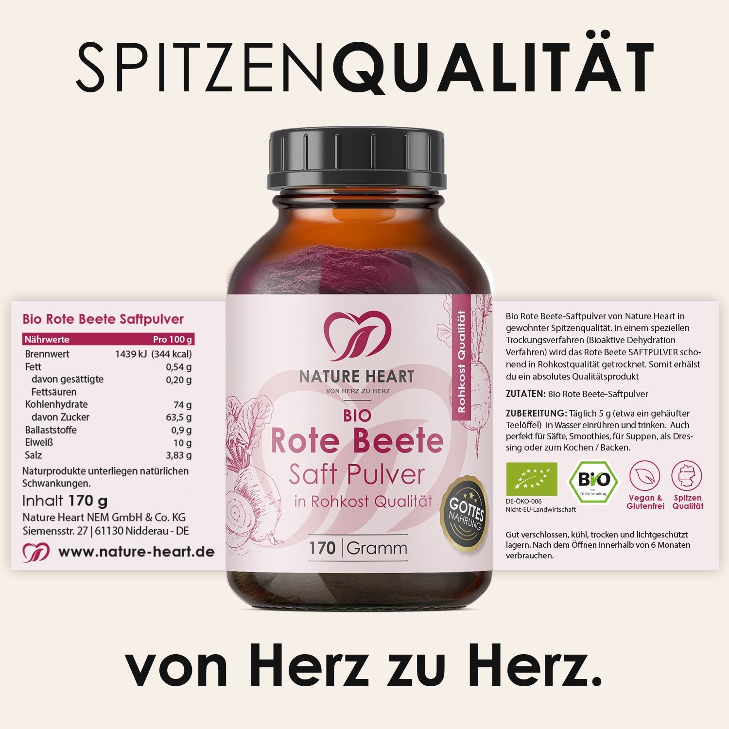 Braune Glasflasche mit schwarzem Deckel, Etikett. Text: BIO Rote Bete Saft Pulver. Nährwerttabelle, Zutatenliste. Siegel: Bio, Gottes Nahrung.