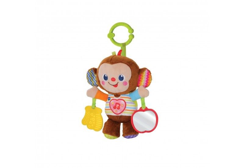 Plüsch-Äffchen mit Spiegel, Beißring und Aufhängung. Bunte Ohren und Shirt. Grüner Aufhänger.