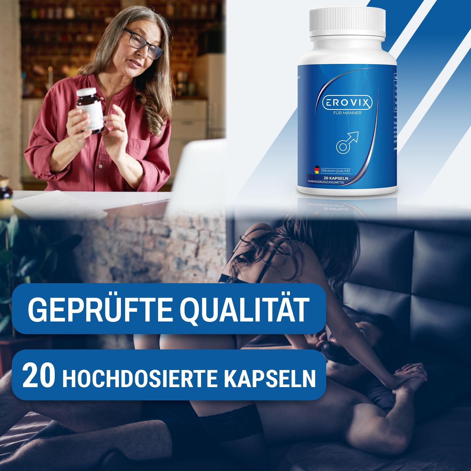Frau hält Flasche "EROVIX" in der Hand. Text: "Geprüfte Qualität", "20 hochdosierte Kapseln". Hintergrund: Paar in intimer Situation.