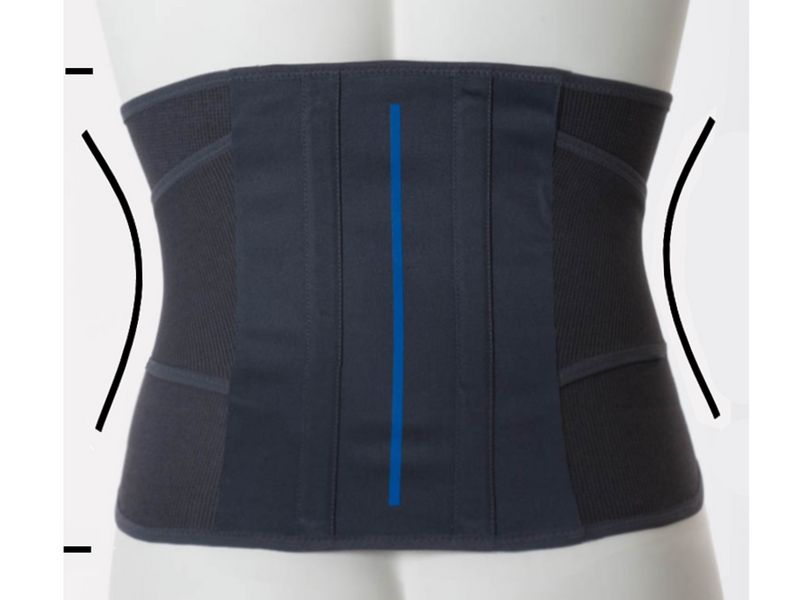 Rückenorthese, dunkelgrau, mit vertikalen Verstärkungen. Geformt für die Taille. Rückseite mit blauem Akzent.