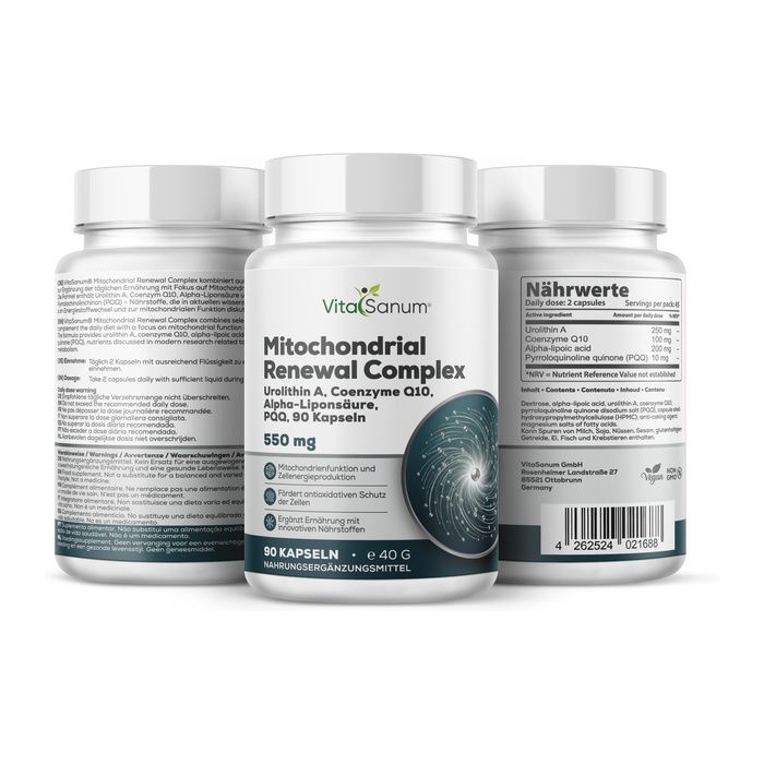 Drei Flaschen VitaSanum® Mitochondrial Renewal Complex, 90 Kapseln pro Flasche.