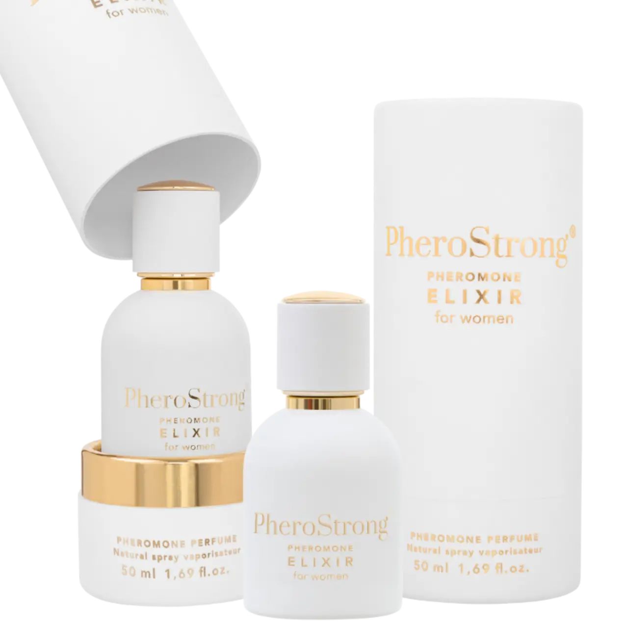 Drei weiße Flaschen und Verpackungen. Aufschrift: PheroStrong, ELIXIR for women. Produktname in Gold. 50 ml.
