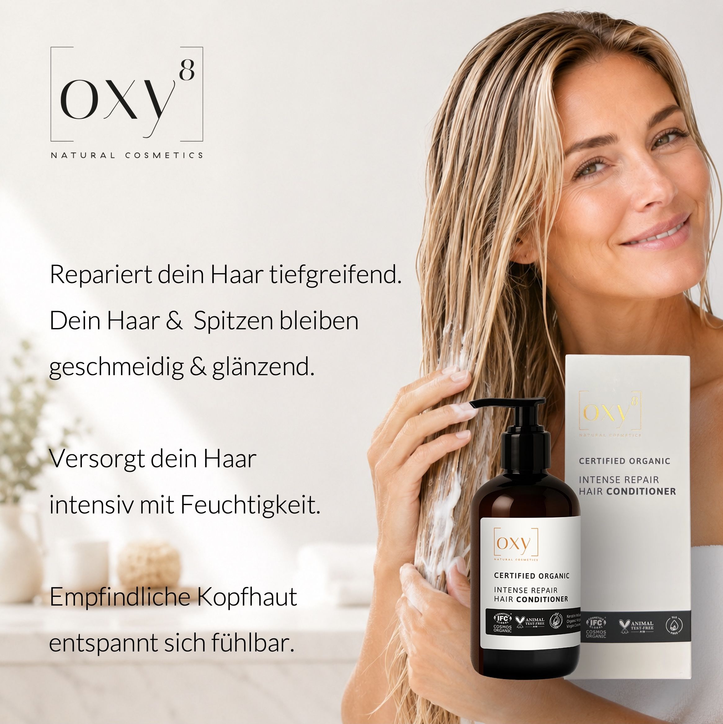 Frau mit blonden Haaren. Produkt und Verpackung mit Text.