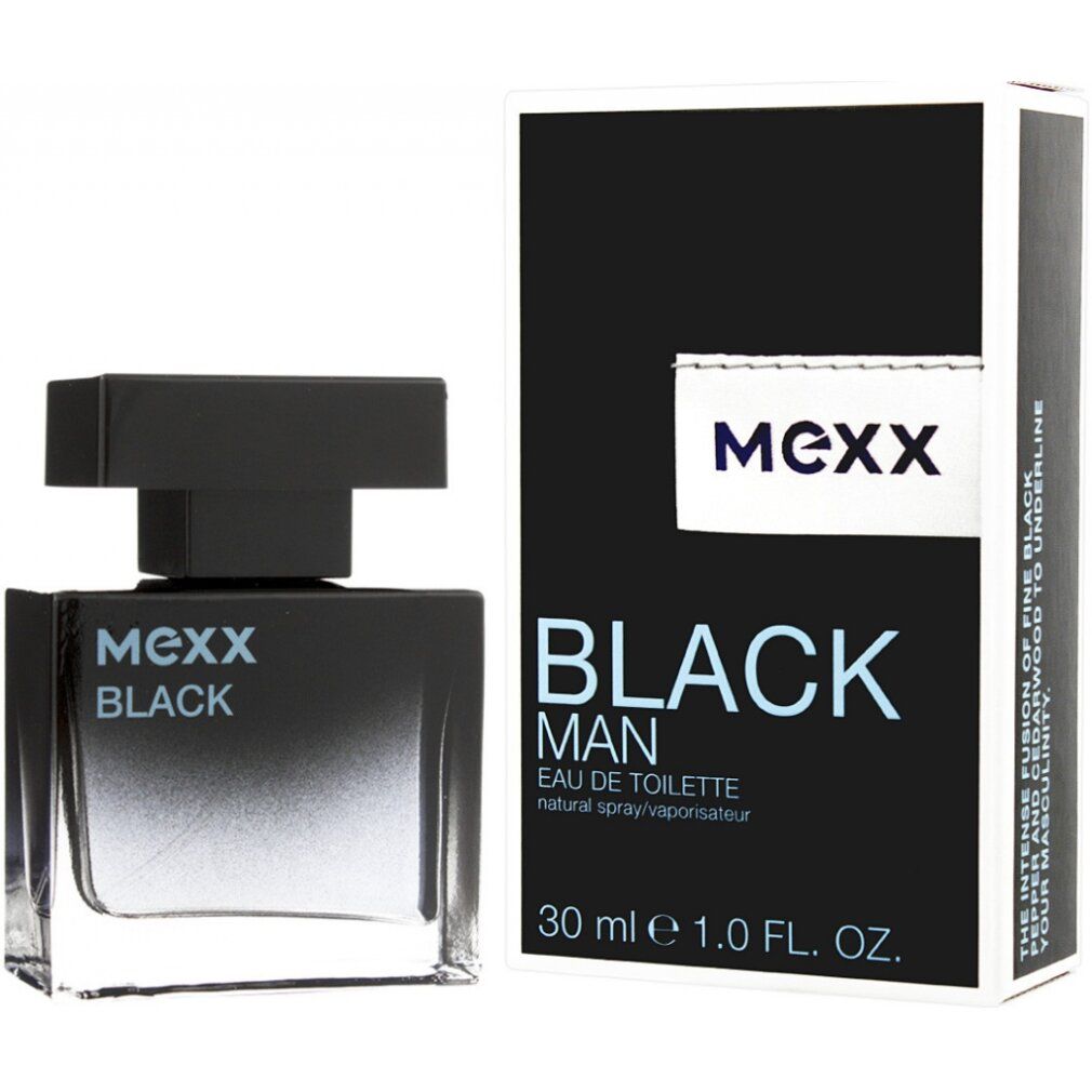 Schwarzer Flakon und Verpackung von Mexx Black Eau de Toilette. Flakon mit schwarzem Deckel, Schriftzug in Hellblau. Verpackung mit Logo und Produktbezeichnung.