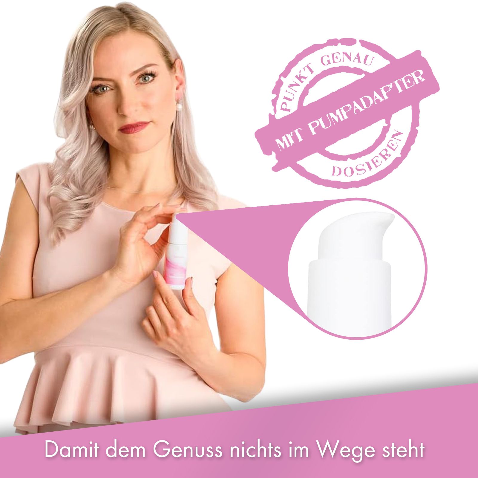 Weibliche Person hält eine kleine Flasche. Auf der Flasche steht "INTIMATE sensibilisierendes Gel". Rosa Stempel mit Text "PUNKT GENAU DOSIEREN MIT PUMPADAPTER".