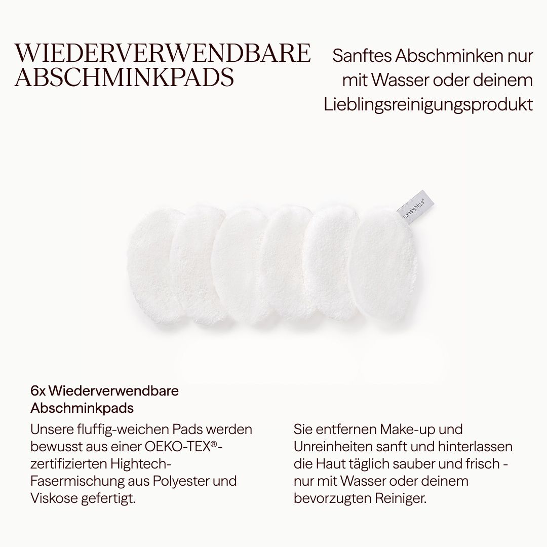 Sechs weiße, ovale Abschminkpads. Textabschnitte beschreiben die Eigenschaften und Vorteile des Produkts.