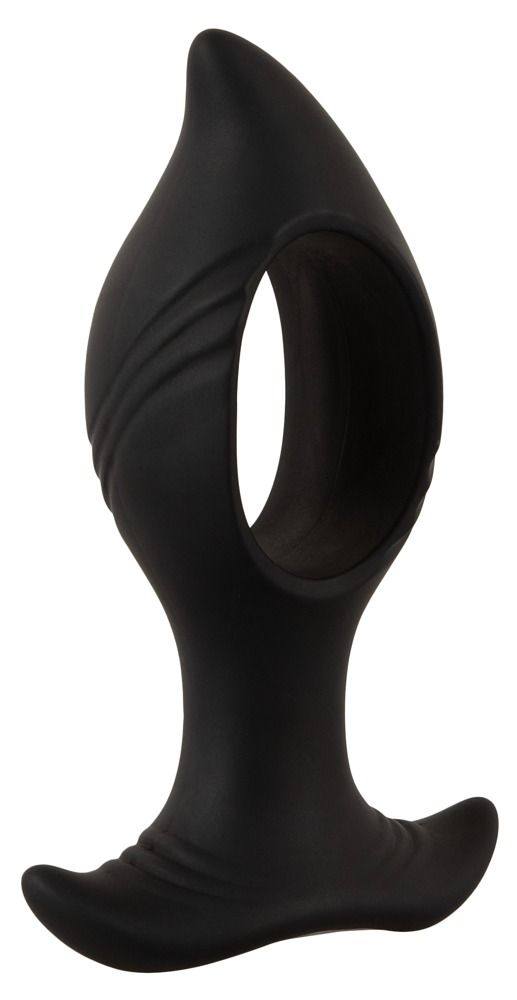 Schwarzer Analplug mit Loch-Design, breiter Basis und gerilltem Schaft.