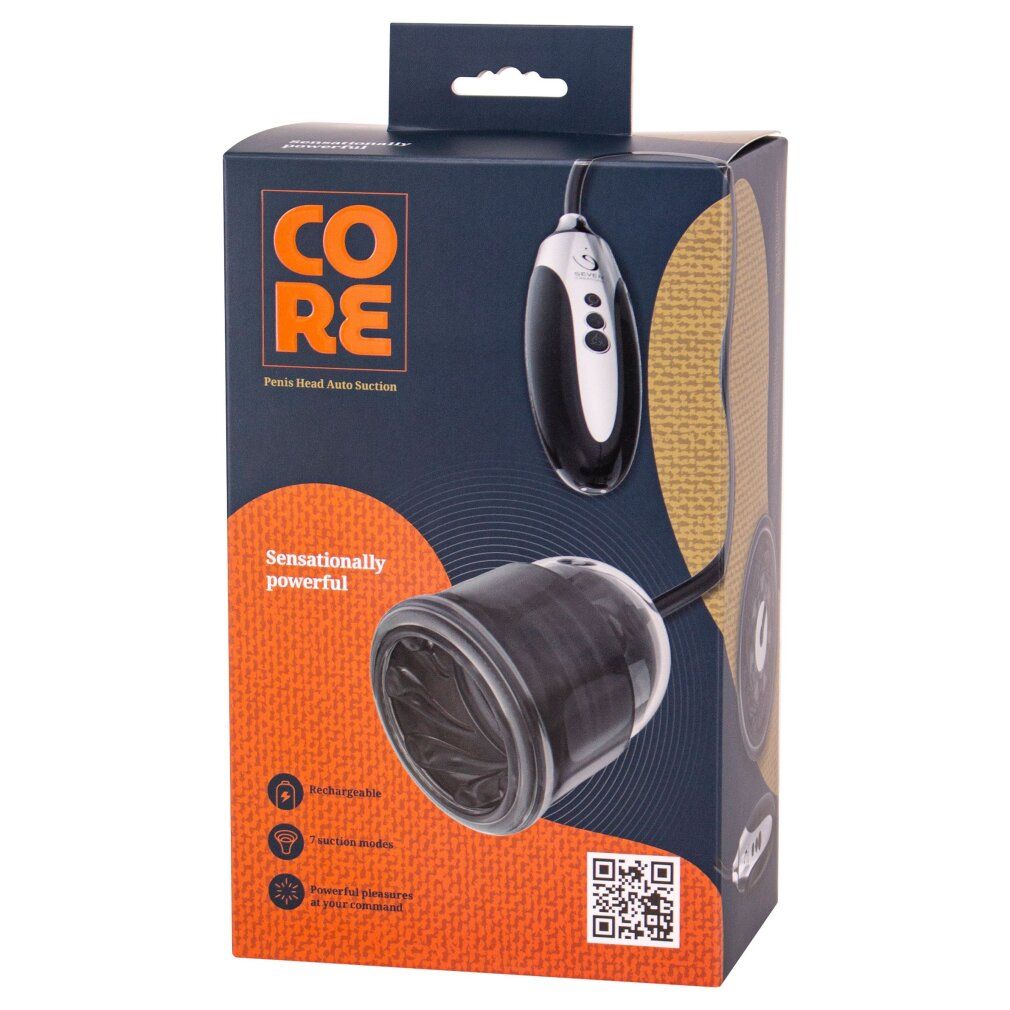 Verpackung mit Produktabbildung. Schwarze Pumpe mit transparentem Zylinder. Text: CORE, Penis-Head Auto Suction.