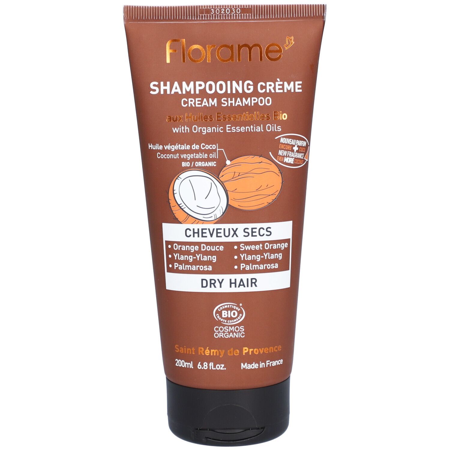 Braune Tube Florame Creme-Shampoo für trockenes Haar. Text und Logos. Kokosnuss-Illustration.