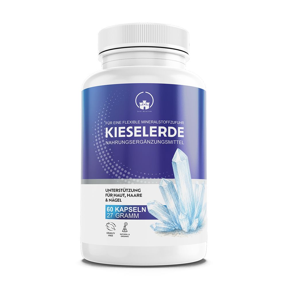 Weiße Flasche mit blauer Beschriftung. Kieselerde Kapseln. 60 Kapseln, 27 Gramm. Für Haut, Haare & Nägel. Natürliche Inhaltsstoffe.