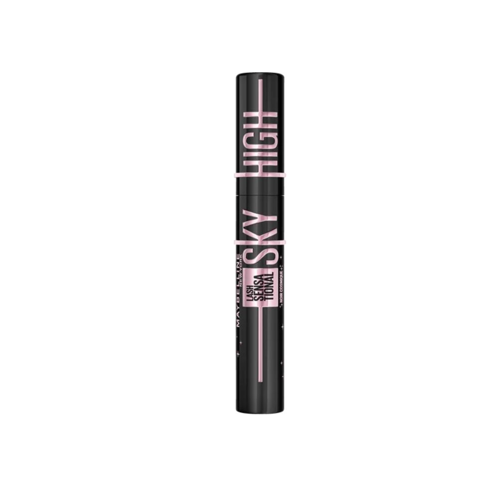 Maybelline Sky High Mascara in Schwarz, mit rosa Bürste, aufrecht stehend.