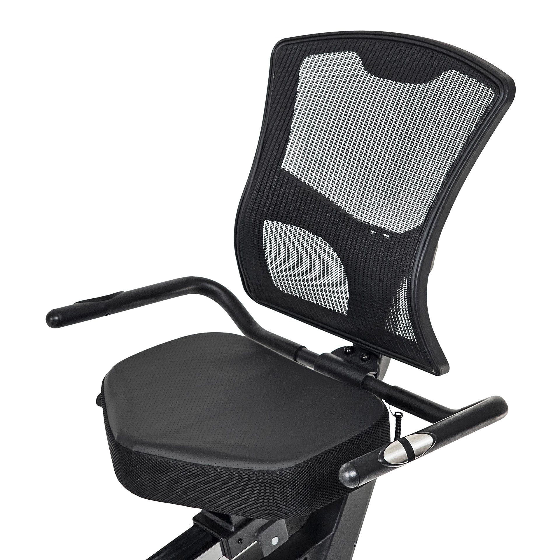 Ergometer-Sitz. Schwarzer Sitz mit Netzrücken und Armlehnen. Verstellbare Rückenlehne. Schwarze Farbe.