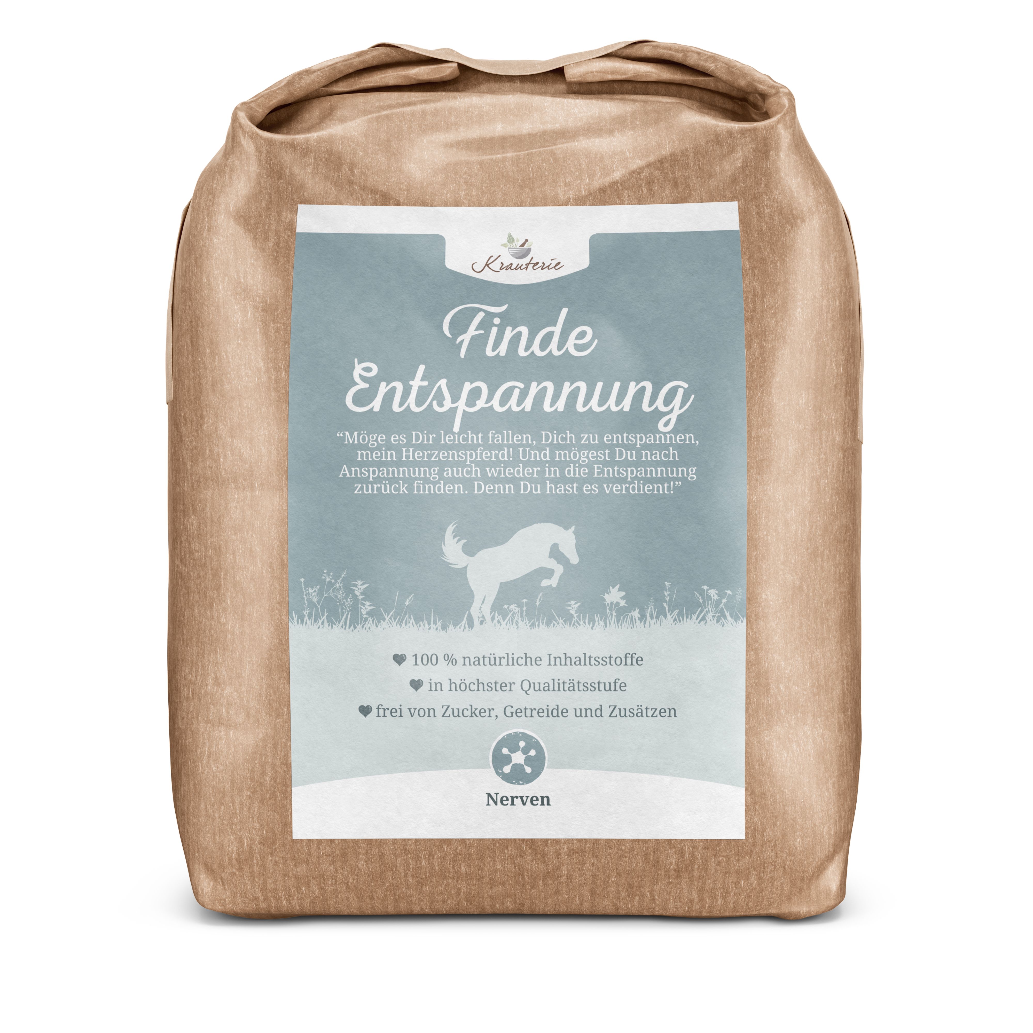 Braune Papiertüte mit Etikett. Text: Finde Entspannung, Krauterie, Nerven. Abbildung eines Pferdes.