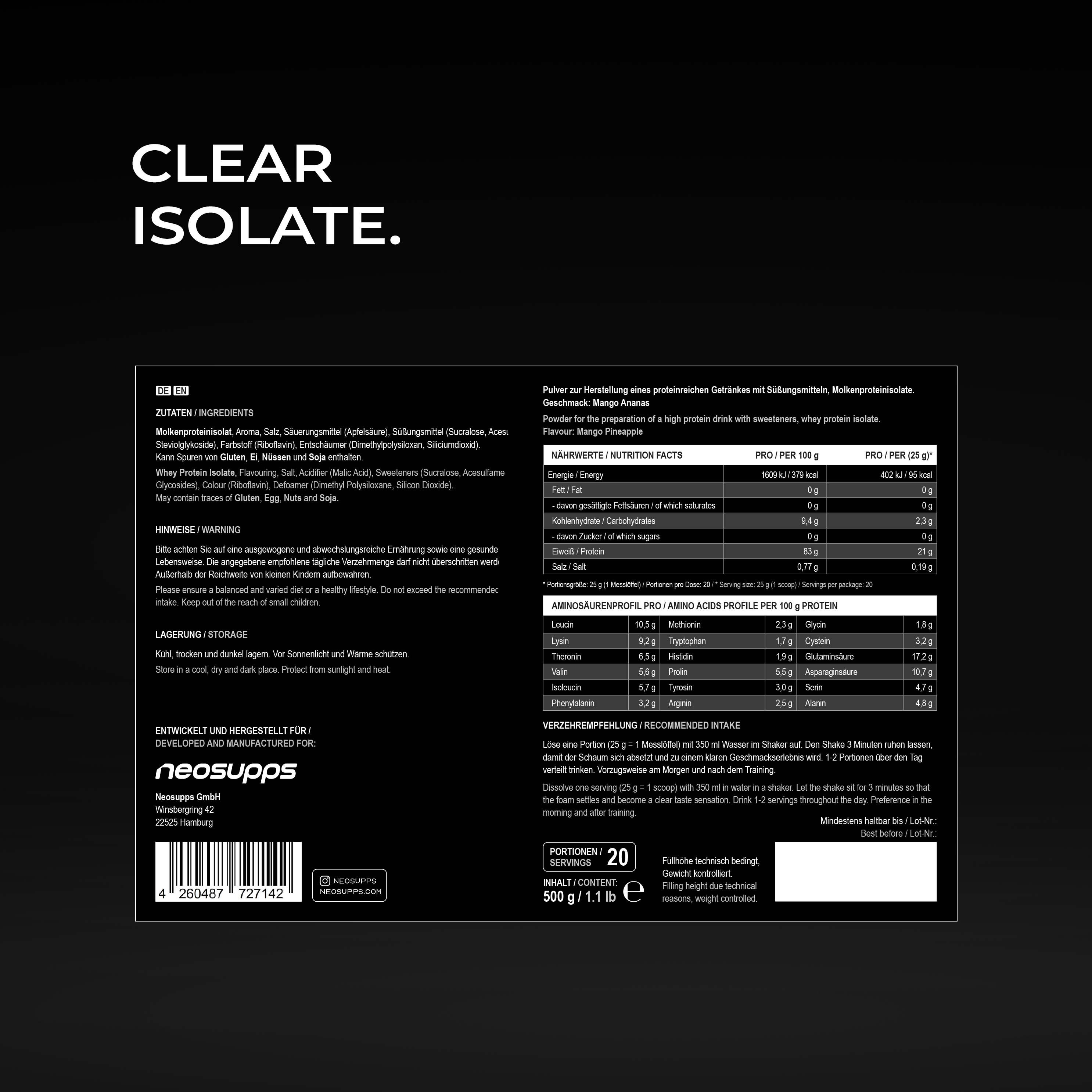 Neosupps Clear Whey Isolat Mango-Pinapple, 500g, Protein Pulver, Abnehmen und Muskelaufbau