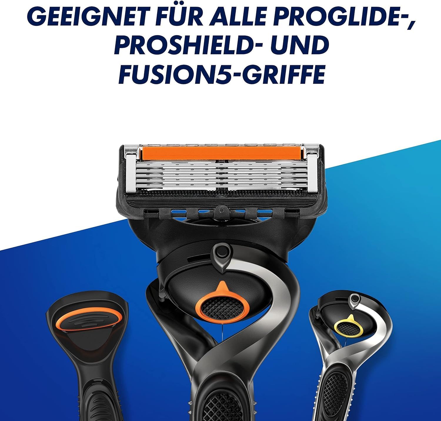 Drei Gillette Rasierer. Geeignet für ProGlide, ProShield und Fusion5 Griffe. Schwarze und silberne Griffe.