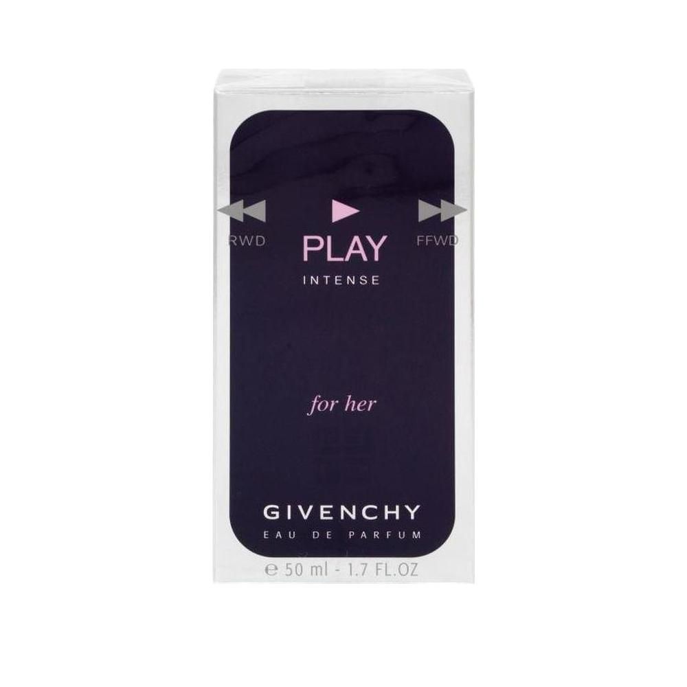 Givenchy Play Intense for Her. Verpackung mit lila Front. Text: PLAY INTENSE for her, Givenchy Eau de Parfum. Pfeil-Symbole. 50 ml.