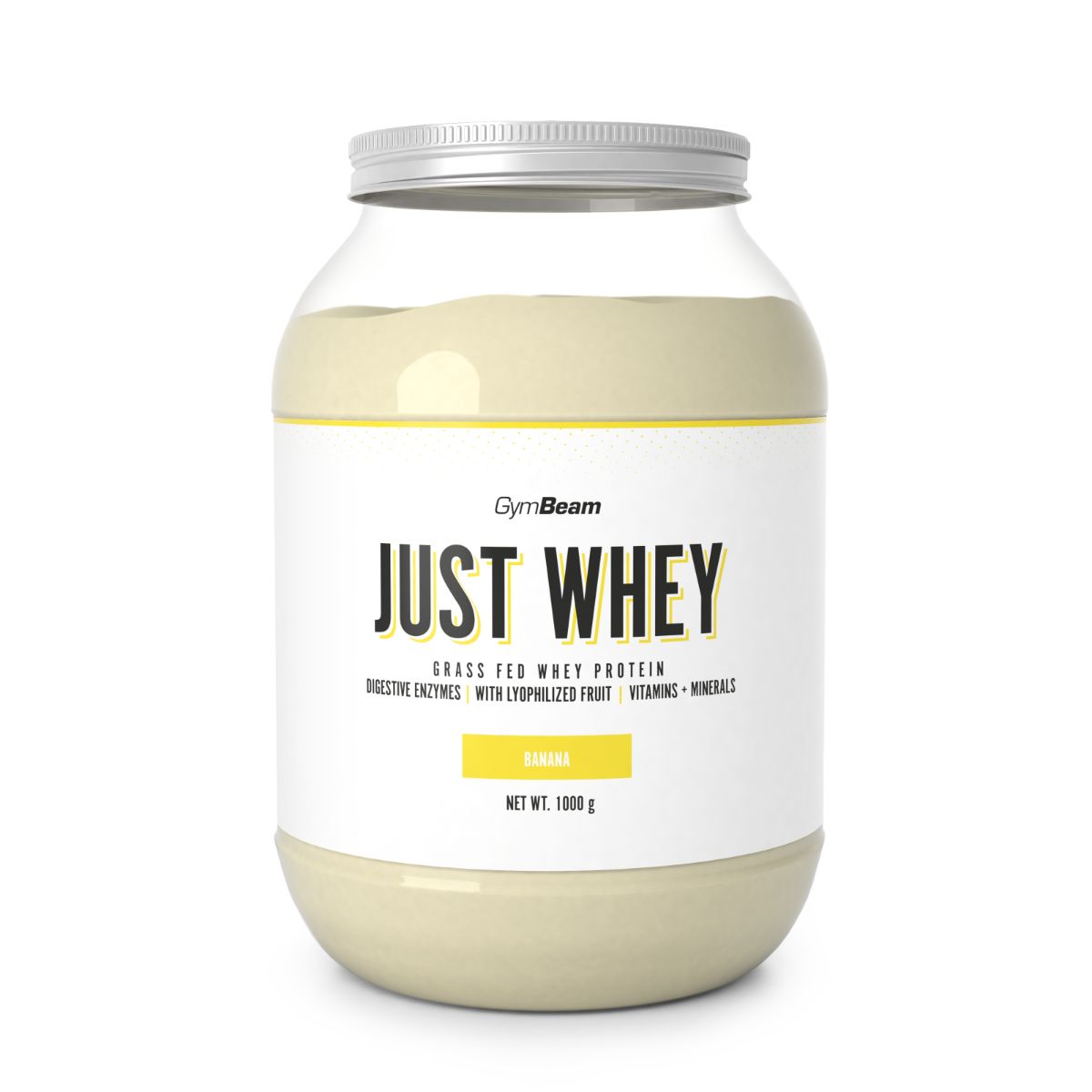 Großer Behälter mit gelbem Pulver, "JUST WHEY" Aufschrift und 1000g Nettofüllmenge.