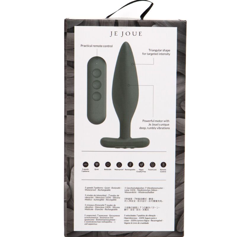 Rückseite der Produktverpackung. Abbildung des Produkts und Fernbedienung. Text: Je Joue, Practical remote control.
