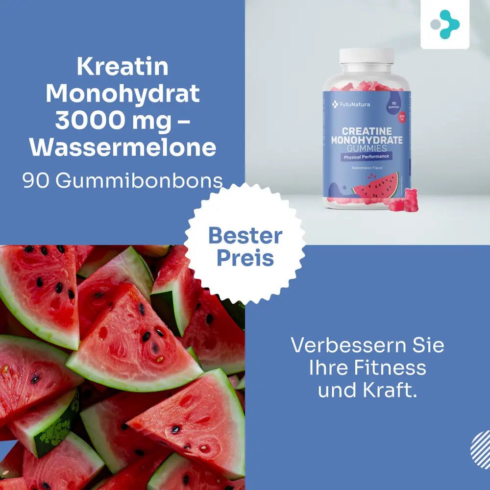 Flasche Kreatin Monohydrat Gummibonbons und frische Wassermelonenscheiben.