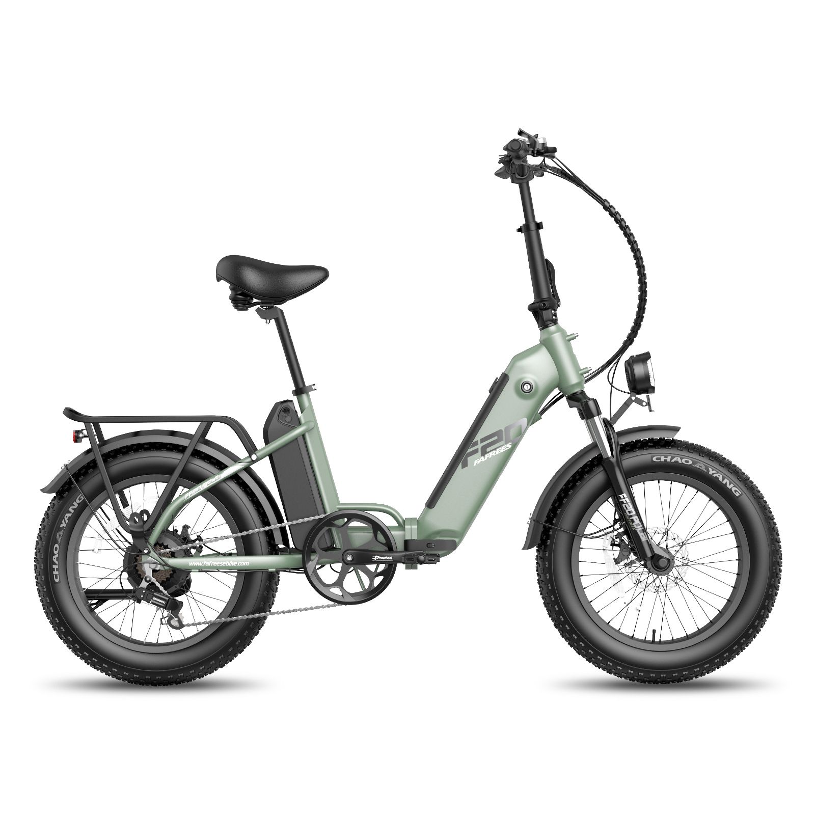 Faltbares E-Bike, hellgrün. Schwarze Reifen, Sattel und Gepäckträger. Frontscheinwerfer und Akku. F20-Logo.