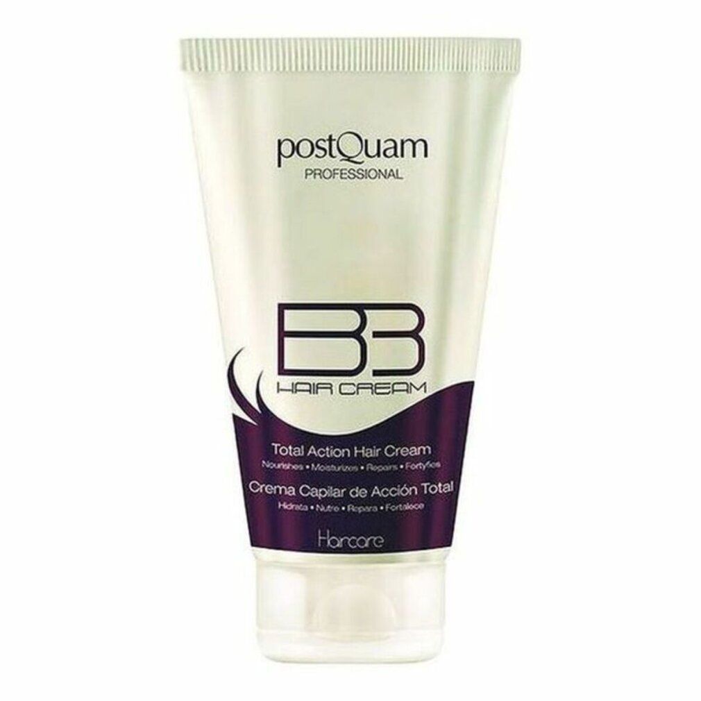 Weiße Tube mit lila Akzenten. Aufschrift: Postquam Professional, BB Hair Cream, Total Action Hair Cream. Produktname und Marke deutlich sichtbar.