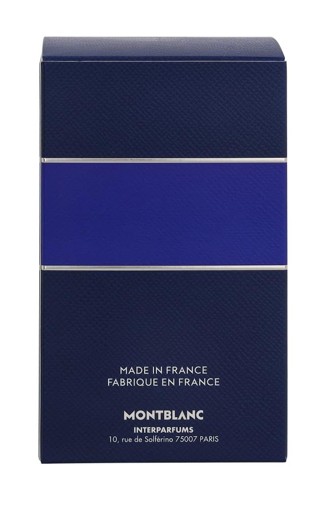 Rückseite des blauen Kartons. Aufschrift: MADE IN FRANCE. Montblanc-Logo. Interparfums.