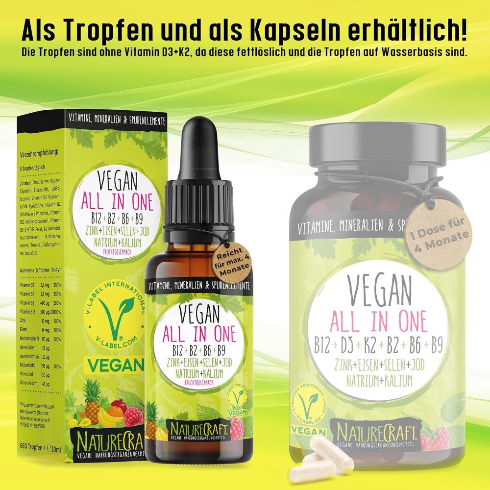 Produktabbildung mit Tropfenflasche und Kapselbehälter. Text: Vegan All in One. V-Label Vegan. Aufschrift: Vitamine, Mineralien & Spurenelemente.